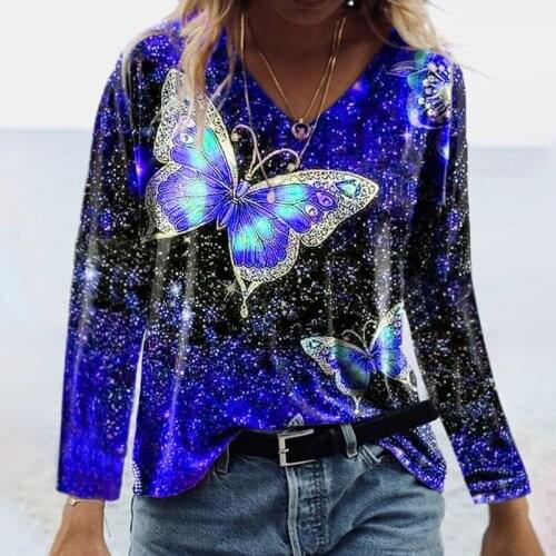 Womens Autumn Butterfly Printed Long Sleeve V-Neck T-Shirt Tops Leisure Loose Commute Top Clothes With Free Shipping