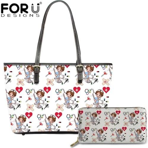 FORUDESIGNS Cartoon Nurse Pattern Handbag and Wallet Set Brief Style Design Woman Hand Bags Large Capacity Shoulder Bag 2021