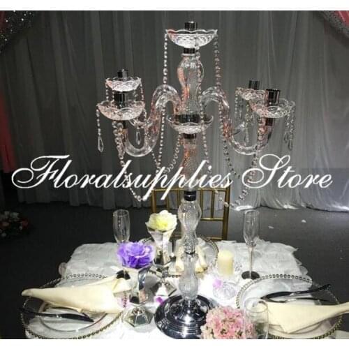 10 pcs / lot 90 cm height Acrylic 5-arms metal candelabras with crystal pendants wedding candle holder centerpiece party decor