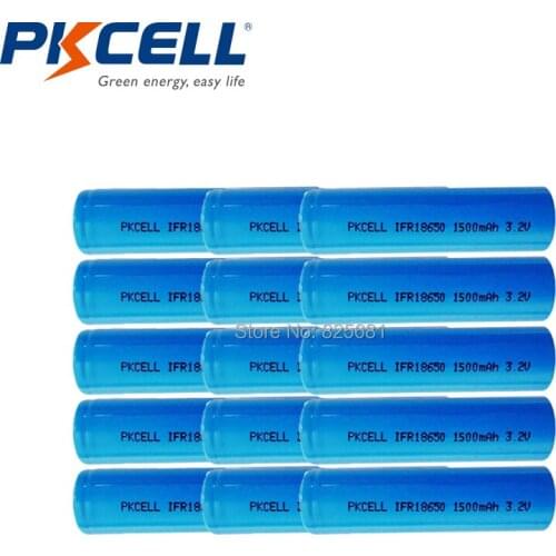 15Pcs PKCELL Rechargeable Battery IFR18650 18650 1500mah 3.2V Li-FePO4 Flat Top No Protections For UPS Solar System LED light