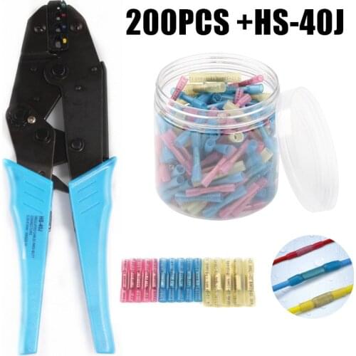 200PCS HS-40J 22-10AWG Ratchet Pliers Pre-Insulated Terminals Connector Crimping Decrustation wire Heat Shrink Tube Waterproof