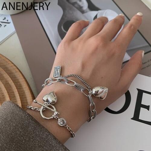 ANENJERY S925 Sterling Silver Vintage Love Heart Bracelet Tassel Chain Cool hip hop Student Hand Accessories S-B534