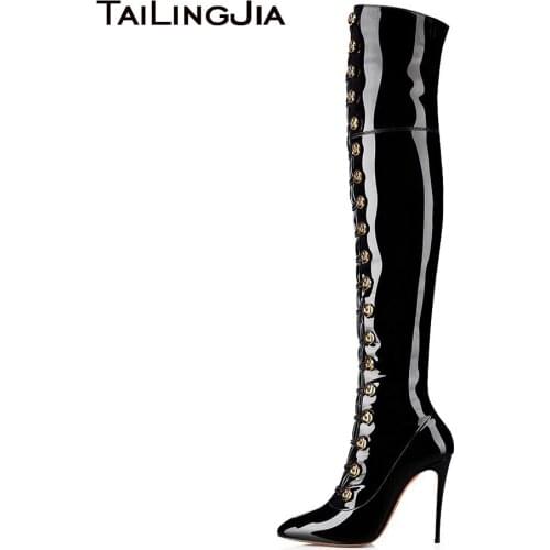 Shiny Black Over The Knee High Long Boots Women Pointy Toe High Heel Buttons Thigh High Boots Patent Leather Ladies Winter Shoes