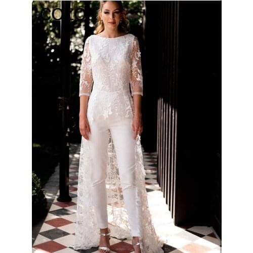 Bohemian Lace Jumpsuits Overskirts Wedding Dresses Bridal Gowns Appliqued Long Sleeve Vestidos De Novia