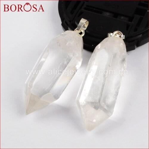 BOROSA Silver Color Natural White Crystal Quartz Faceted Pencil Point Druzy Pendant for Necklace Making Gems Drusy Jewelry WX816