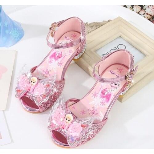 Disney Sandals Girls Princess Shoes High-Heeled Waterproof Non-Slip Shiny Crystal Shoes Pearl Rhinestone Butterfly Knot Children