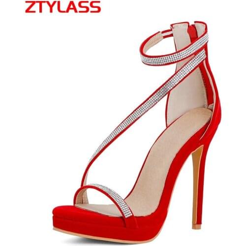 Big Size Women Sandals Black Red Blue Summer Open Toe Sandals Faux Suede Crystal Thin High Heel Shoes Fashion Zipper Lady Shoes