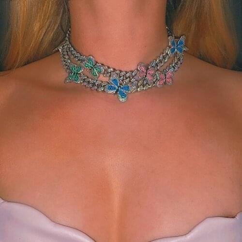 Multicolor Enamel CZ Butterfly Necklace 12mm Iced Out Bling CZ Miami Cuban Link Chain Butterfly Choker Hip hop Women Jewelry