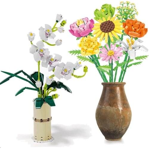 Flowers Bouquet Building Blocks Moc Romantic Rose Flower Bricks Home Decoration Diy Toys For Girl Birthday Gift