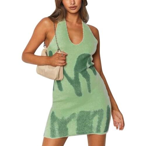 Puloru Elegant Backless Tied Short Knitted Dress Summer Women Tie-Dyed Sleeveless Halter Neck Mini Bodycon Dress Office Lady