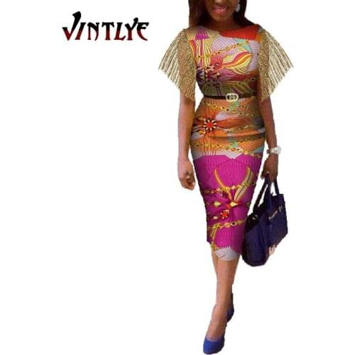 Elegant Africa Style Dress for Women Slim Bodycorn Knee Length Dresses with Belt Tassel Fashion Africaine Femme Clothing WY142