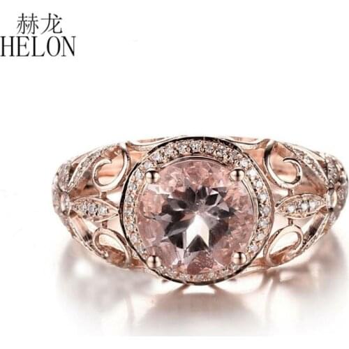 HELON Solid 14K Rose Gold AU585 Flawless Round 8mm Natural Morganite Diamonds Engagement Wedding Women Jewelry Diamonds Ring