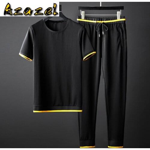 Azazel Summer Men Tracksuit (t-shirt+pants) Luxury Stripe Silky Thin Casual Sport Man Sets Plus Size 5xl Slim Fit Male Set