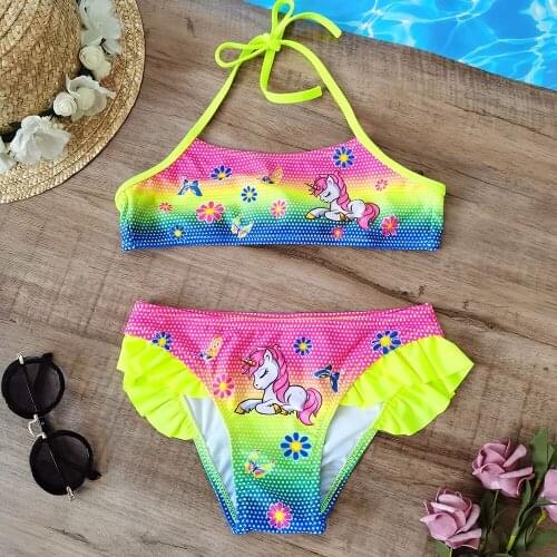Unicorn Toddler Girl Swimsuit Kids Two Piece Childrens Swimwear Halter Top Girl Bikini Set Girls Bathing Suit Beachwear 2022