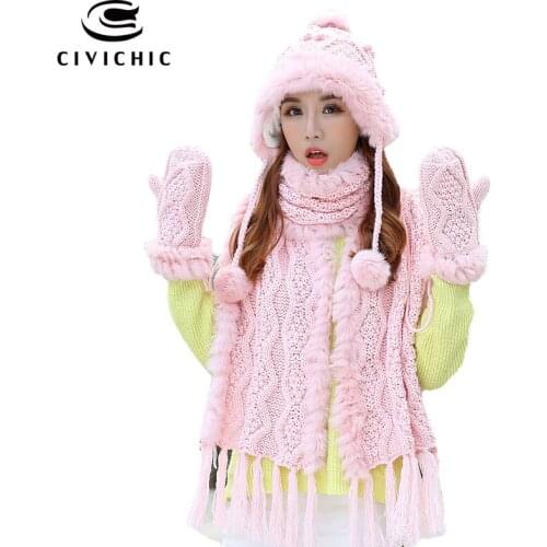 CIVICHIC Top Grade Warm Set Woman Rabbit Fur Hat Scarf Glove 3 Pcs Knit Pompon Beanies Thicken Mitten Weave Tassel Shawl SH193