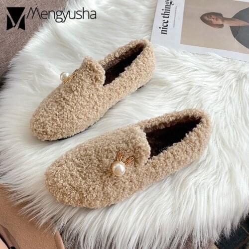 Cute rabbit lamb fur winter shoes woman warm plush creepers 41-43 big size wool fur moccasins slip on loafers women cotton flats
