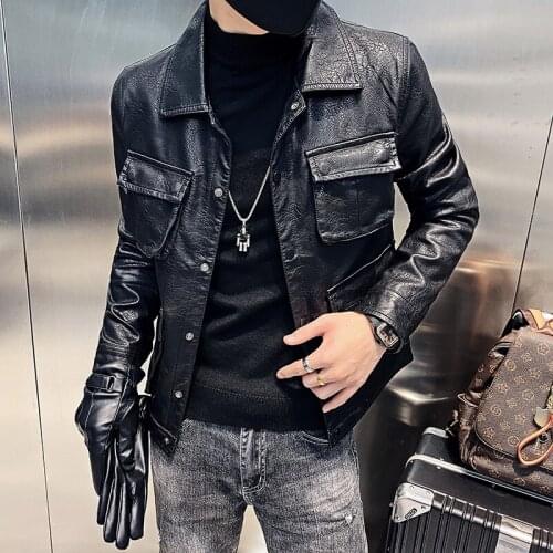 Mens Motorcycle Leather Jacket Autumn Slim Fashion Riding Jackets PU Soft Leather Multi PocketsTooling Leather Coat