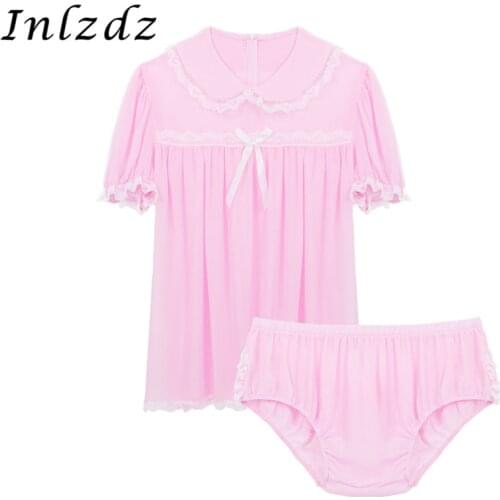 Mens Sissy Crossdress Dress Lingerie Suit Outfit Exotic Set Doll Collar Short Puff Frilly Dress with Ruffled Sissy Underwear Set