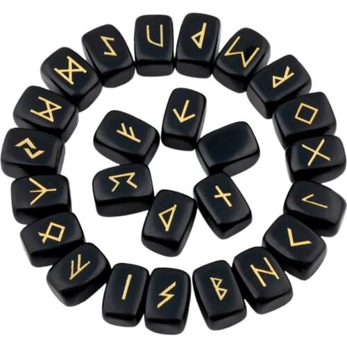 TUMBEELLUWA 1Lot (25Pc) Black Obsidian Engraved Rune Stones Set Healing Reiki Crystal Tumbled Stones