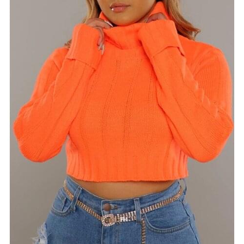 Pure Color Turtleneck Sweater Womens 2021 New Autumn and Winter Clothes Neon Orange Fashion Sexy Knitted Pullover Sweater
