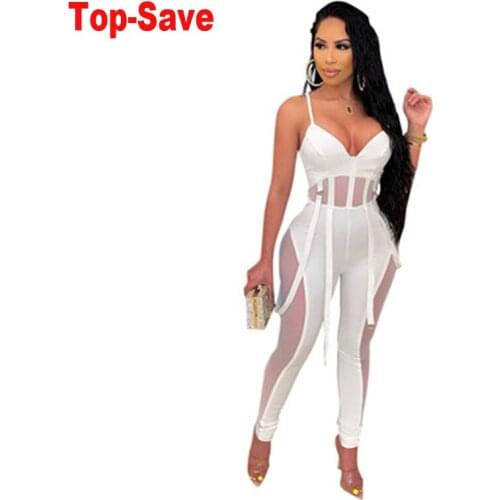 Wholesale Autumn 2021 New Style Outfit Mesh See-Through Sexy Evening Party Jumpsuit Trousers Women Body V-Neck Bodycon Overalls