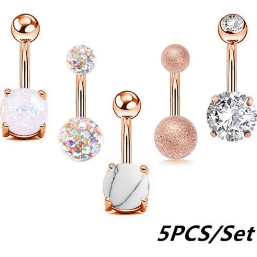 5Pcs/set Belly Piercing Women Belly Button Rings Rose Gold New Steel Rhinestone Sexy Belly Navel Piercing