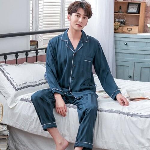 Summer Mens Satin Pyjamas Set Home Clothes 2PCS Pojama Long Sleeve Mens Sleepwear PJ With Button Thin Solid Loungewear Pajamas