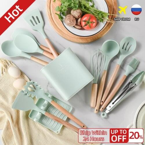 KEMORELA Silicone Cooking Utensils Set Barrel Flat Wooden Handle Cookware Cooking Tools With Storage Kitchen Tool Accessories