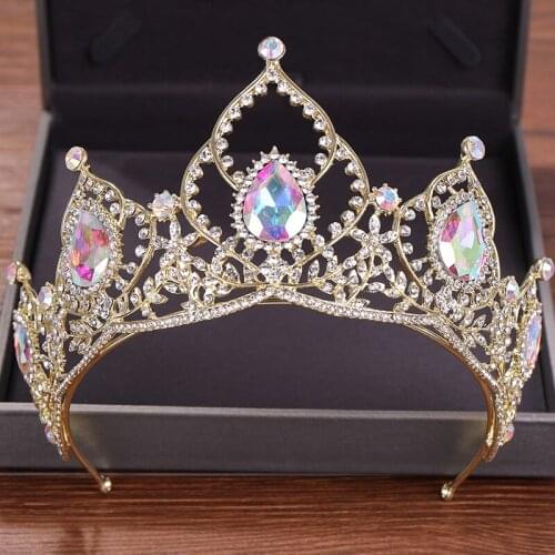 Crystal Tiara Crown For Bride Hair Accessories Wedding Colorful Crystal Crown Headband Baroque Queen Diadem Gold Tiaras Ornament