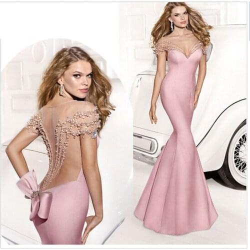 Sexy Mermaid Backless Sleeveless illusion V-neck See Through Beading Bow Train Party Custom prom Gown 2018 bridesmaid dresses