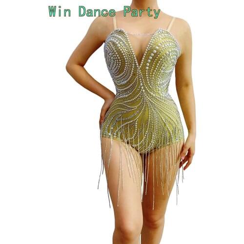 Silver Rhinestone Fringe Spandex Bodysuit Women Dance Show Pearl Outfit Birthday Celebrate Prom Party Singer Wear