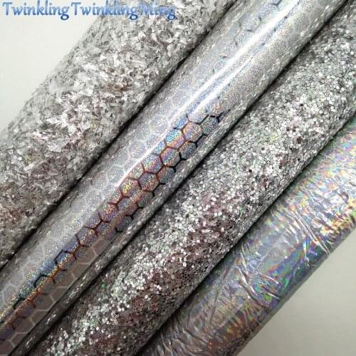 SILVER Glitter Fabric, Metallic Faux Fabric, Honeycomb Synthetic Leather Fabric Sheets For Bow A4 21x29CM Twinkling Ming XM825