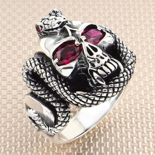 Snake Vampire Skull Silver Ring With Red Zircon Stone Men Silver Ring Made In Turkey Solid 925 Sterling Silver