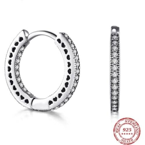 Real 925 Sterling Silver Classic Full Hearts Hoop Earrings Luxury Cubic Zirconia Fashion Jewelry For Women Wedding Gift