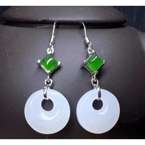 Beautiful 925 Sterling Silver Green White HeTian Jade Round Dangle Design Lucky Hook Earrings Girls Charm Gift Fine Jewelry