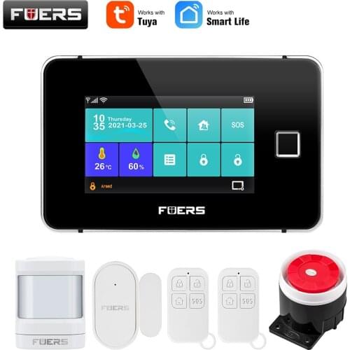 FUERS Tuya WiFi GSM Smart Home Security Alarm System Touch screen Temperature Humidity Display Fingerprint 433MHz Control Siren
