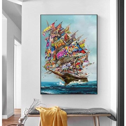 Modern Pirate Graffiti Ship Wall Art Canvas Painting Posters and Prints Living Room Bedroom Home Wall Decoration Cuadros