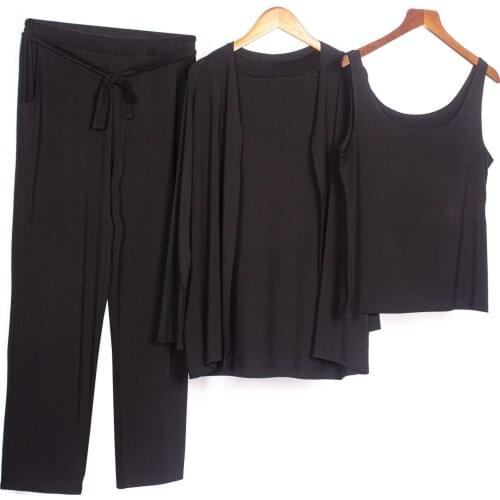 Loose Suit Female Modal Women Pant Suit Sleep Wear 3 Piece Set Long Sleeve Three Piece Set Black Sexy Girls Outfits Pajama Set