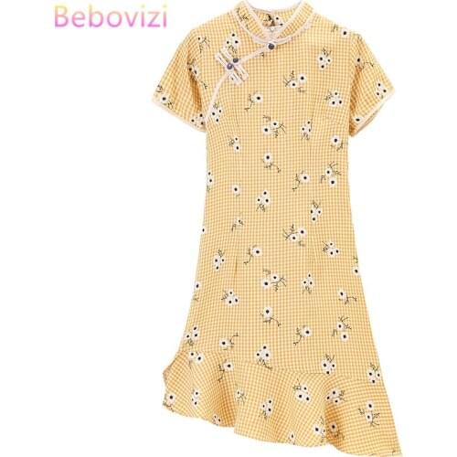 Traditional Chinese Clothes Modern Cheongsam Fishtail Mini Dress for Women Chi Pao Green Yellow Slim Sexy Party Casual Qipao