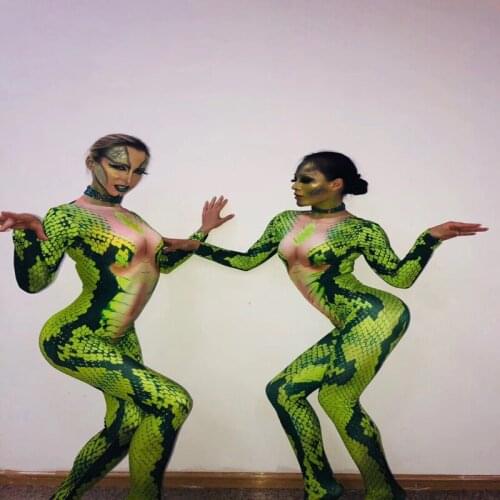 Nightclub green snake jumpsuit singer stage show Romper sexy bodysuit Costume party favors christmas gifts