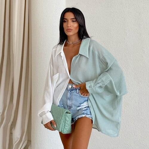 Moarcho Casual Patchwork Oversize Loose Women Shirt Long Style Pocket Fashion Color Contrast Street Style Blouses 2021 New