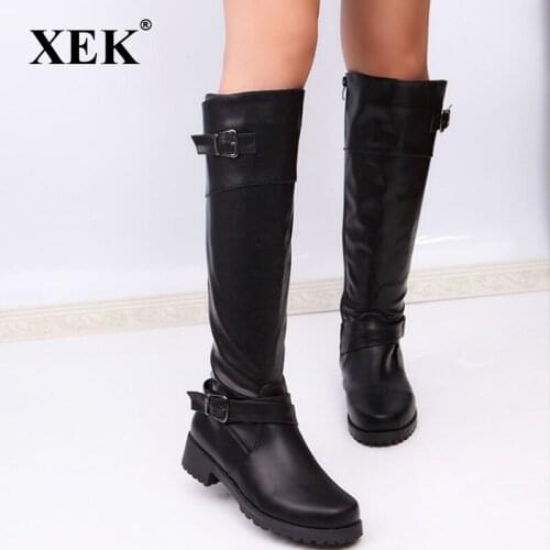 XEK 2018 autumn and winter new European and American Fashion leather boots large size belt buckle womens boots ZLL326