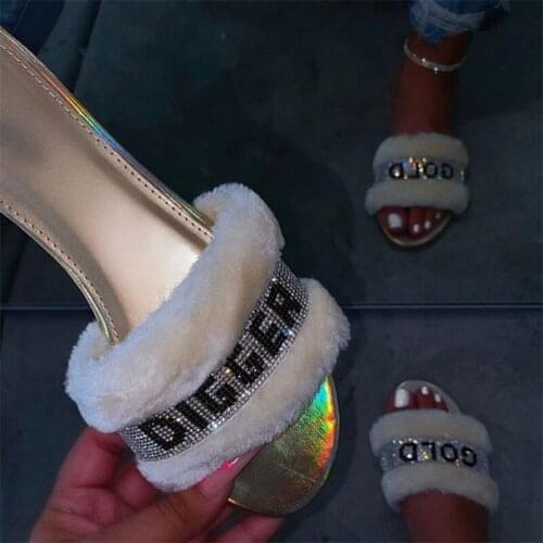 2021 Women Slippers Furry Fluffy Fur Slides Home Indoor House Lady Crystal Outside Shoes Female Ladies Slippers For Woman