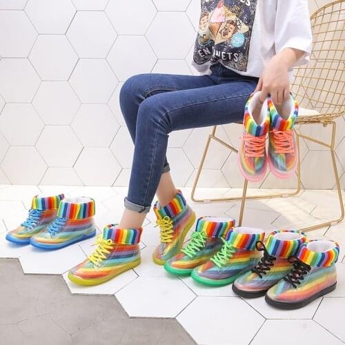 Womens Rainbow Cotton Cover Rain Boots Platform Shoes Fashion Transparent Jelly Color Rain Shoes 2021 Slip on Rain Boots Ladies