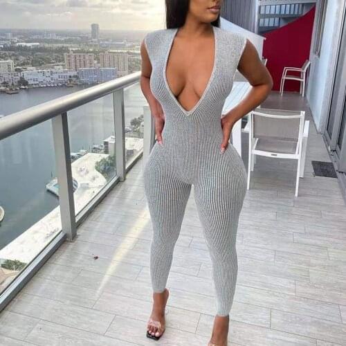 2021 Women Skinny Solid Army Green Bodycon Fashion Push Up One Piece Outfits Deep V Neck Ribbed Long Jumpsuits Sleeveless