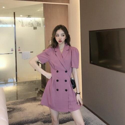 Bella philosophy 2020 Summer women solid short sleeve Dress lady Retro high waist work Dress female double breasted blazer dress