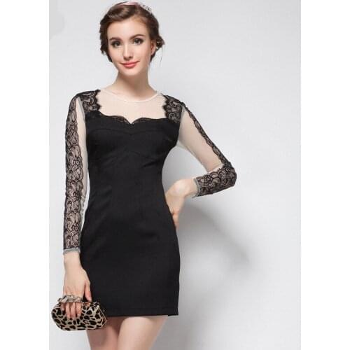 2020 Women Vintage Black Long Sleeve O Neck Dress Office Elegant Party Dress Spring Bodycon Mesh Patchwork Lace Sheath Dress