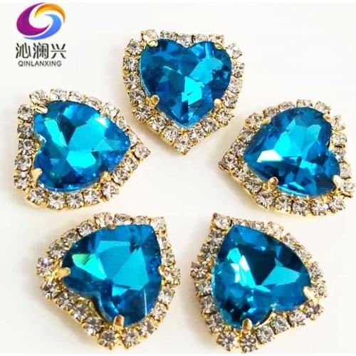 Gold bottom Lake blue heart shape Crystal glass buckle,sew on rhinestones for Diy/jewelry accessories 12mm/14mm/18mm 10pcs