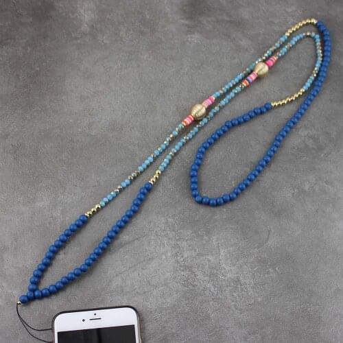 2020 Golden Crystal Beads Chain Handmade Wood beads long chain charm Bohemia necklace for phone hanger ID Card Jewelry Dropship