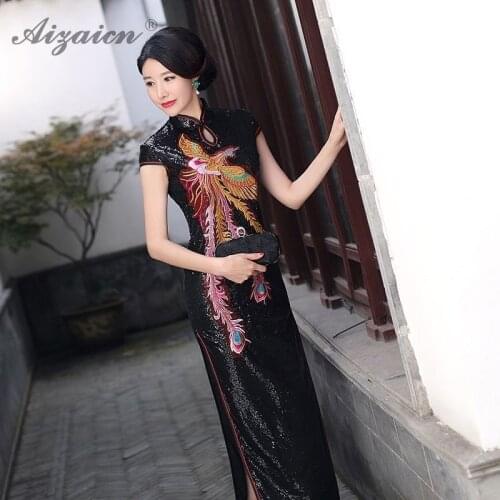 2019 Black Sequins Phoenix Cheongsam Long Dresses Chinoise Collar Qi Pao Women Chinese Traditional Dress Qipao Vintage Gown